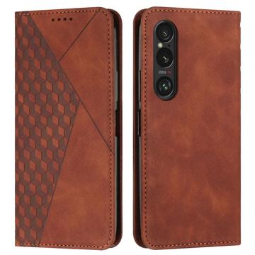 Étui Portefeuille Sony Xperia 1 VI avec fermeture magnétique à motif de losange - Marron