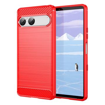 Coque Sony Xperia 10 VII en TPU Brossé - Fibre de Carbone - Rouge