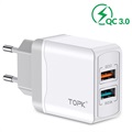 Chargeur QC3.0 Universel TOPK B244Q - 28W, 2xUSB - Blanc