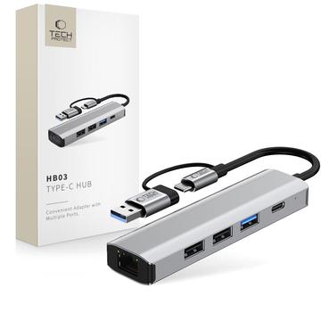 Tech-Protect HB03 Adaptateur Hub USB-C 5-en-1 avec USB 2.0, USB 3.0, RJ45 Ethernet, et Type-C - Gris Espace