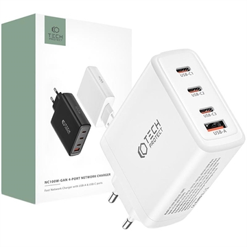 Chargeur Réseau Tech-Protect NC100W-GAN 4 Ports 100W - 3xUSB-C, USB-A - Blanc