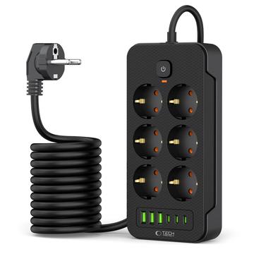 Tech-Protect PC6X6 Power Strip - 3 USB-A, 3 USB-C, 6 Sockets with 200cm Cable (Open-Box Satisfactory) - Black