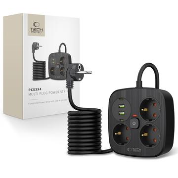 Tech-Protect PCS3X4 Bloc d\'alimentation - 3 prises CA, 2 ports USB-A et 2 ports USB-C, câble de 2m - Noir