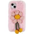 Coque iPhone 14 Plus en TPU 3D Plush Hiver Poilu - Fleur Rose