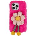 Coque iPhone 14 Pro Max en TPU 3D Plush Hiver Poilu - Fleur Rose Vif