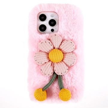 Coque iPhone 14 Pro en TPU 3D Plush Hiver poilu - Fleur Rose