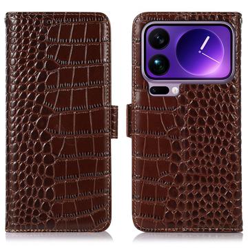Étui Portefeuille Xiaomi 17 Pro en Cuir avec RFID - Série Crocodile - Marron