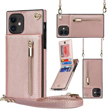 Coque hybride iPhone 11 avec portefeuille et dragonne - Rose