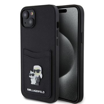 Coque iPhone 15 Karl Lagerfeld Saffiano Card Slot Metal Karl & Choupette - Noir