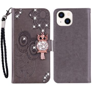 Etui iPhone 15 Hibou Strass - Gris