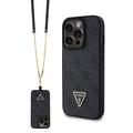 Coque iPhone 15 Pro avec Crossbody Sangle Guess 4G Strass Triangle Metal Logo - Noire