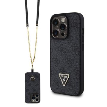 Coque iPhone 15 Pro avec Crossbody Sangle Guess 4G Strass Triangle Metal Logo