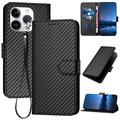 Etui portefeuille premium iPhone 15 Pro Max avec sangle - Texture fibre de carbone