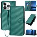 Etui portefeuille premium iPhone 15 Pro Max avec sangle - Texture fibre de carbone - Vert carbone