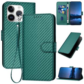 Etui portefeuille premium iPhone 15 Pro Max avec sangle - Texture fibre de carbone - Vert carbone