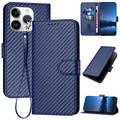 Etui portefeuille premium iPhone 15 Pro avec sangle - Texture fibre de carbone - Bleu carbone