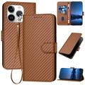 Etui portefeuille premium iPhone 15 Pro avec sangle - Texture fibre de carbone - Café au carbone