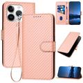 Etui portefeuille premium iPhone 15 Pro avec sangle - Texture fibre de carbone - Rose carbone