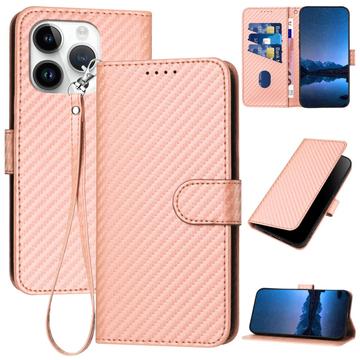 Etui portefeuille premium iPhone 15 Pro avec sangle - Texture fibre de carbone