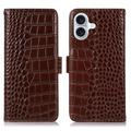 Étui Portefeuille iPhone 16 en Cuir avec RFID - Série Crocodile - Marron