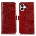 Étui Portefeuille iPhone 16 en Cuir avec RFID - Série Crocodile - Rouge
