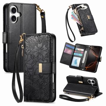 Etui iPhone 16 à motifs floraux et de feuilles avec pochette zippée et dragonne
