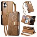 Etui iPhone 16 à motifs floraux et de feuilles avec pochette zippée et dragonne - Marron