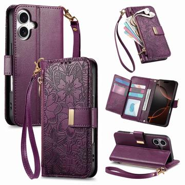 Etui iPhone 16 à motifs floraux et de feuilles avec pochette zippée et dragonne - Violet