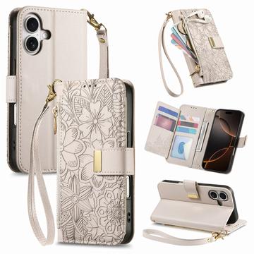 Etui iPhone 16 à motifs floraux et de feuilles avec pochette zippée et dragonne
