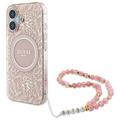 Coque iPhone 16 Guess IML Flowers Allover Electro avec bracelet en perles - Compatible MagSafe - Rose