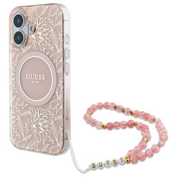 Coque iPhone 16 Guess IML Flowers Allover Electro avec bracelet en perles - Compatible MagSafe