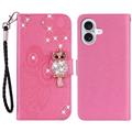 Etui iPhone 16 Hibou Strass - Rose Vif