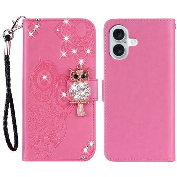 Etui iPhone 16 Hibou Strass - Rose Vif