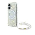 Coque iPhone 16 Plus Guess IML Flowers Allover avec bracelet en perles - Compatible MagSafe - Blanche