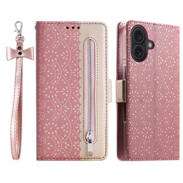 Étui Portefeuille iPhone 16 Plus Lace Pattern - Rose Doré