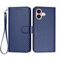 Etui portefeuille premium iPhone 16 avec sangle - Texture fibre de carbone - Bleu carbone
