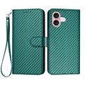 Etui portefeuille premium iPhone 16 avec sangle - Texture fibre de carbone - Vert carbone