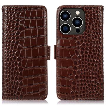 Étui Portefeuille iPhone 16 Pro en Cuir avec RFID - Série Crocodile - Marron