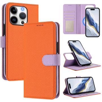Étui portefeuille détachable iPhone 16 Pro avec MagSafe, protection RFID et dragonne - Orange / Violet