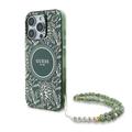 Coque iPhone 16 Pro Guess IML Flowers Allover avec bracelet en perles - Compatible MagSafe - Verte