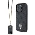 Coque iPhone 16 Pro Max avec Crossbody Sangle Guess 4G Strass Triangle Metal Logo - Noire