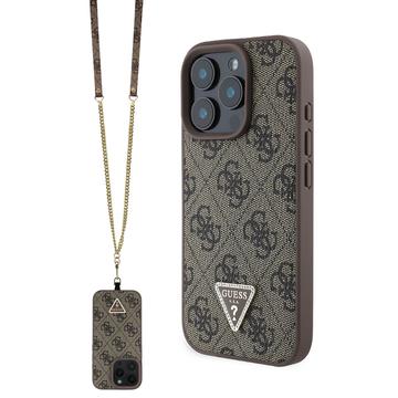 Coque iPhone 16 Pro Max avec Crossbody Sangle Guess 4G Strass Triangle Metal Logo - Marrone