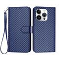 Etui portefeuille premium iPhone 16 Pro avec sangle - Texture fibre de carbone - Bleu carbone