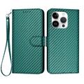 Etui portefeuille premium iPhone 16 Pro avec sangle - Texture fibre de carbone - Vert carbone