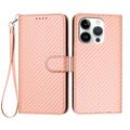 Etui portefeuille premium iPhone 16 Pro avec sangle - Texture fibre de carbone - Rose carbone