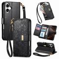 Etui iPhone 17 à motifs floraux et de feuilles avec pochette zippée et dragonne - Noir
