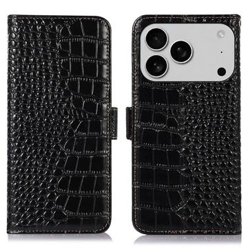 Étui Portefeuille iPhone 17 Pro Max en Cuir avec RFID - Série Crocodile - Noir