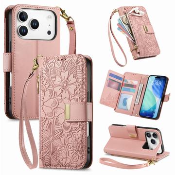 Etui iPhone 17 Pro Max à motifs floraux et de feuilles avec pochette zippée et dragonne