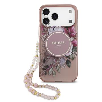 Coque iPhone 17 Pro Max Guess IML Flowers avec bracelet en perles - Rose