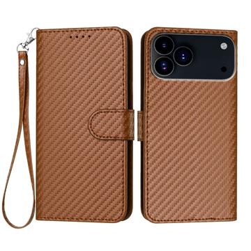 Etui portefeuille premium iPhone 17 Pro Max avec sangle - Texture fibre de carbone